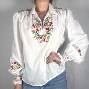 1970s Hungarian Blouse Rainbow Floral Embroidery White Long Sleeve Flowers